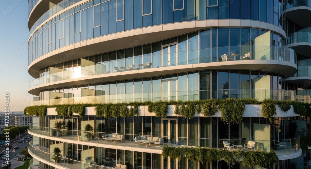 Fototapeta premium Modern high-rise building with curved glass balconies and lush greenery.