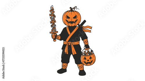 Halloween Ninja: A spooky Halloween ninja, a jack-o'-lantern-headed warrior dressed in traditional ninja attire and holding a sword and a treat basket, conjuring the spirit of autumn.