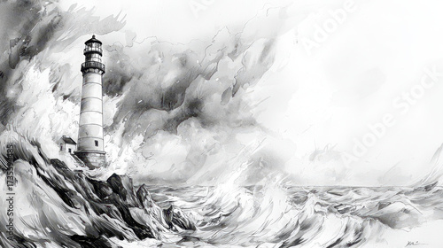 Dramatic lighthouse stands tall against turbulent waves and stormy skies, showcasing power of nature in monochromatic pencil sketch