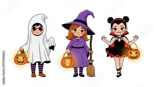 Halloween Costume Trio: Three children in whimsical Halloween costumes, each holding a glowing jack-o'-lantern, ready to bring the festive spirit.