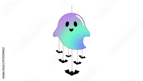 Whimsical Ghostly Decoration: A vibrant cartoon ghost ornament with smiling face and bats bring a festive vibe, perfect for seasonal decor.