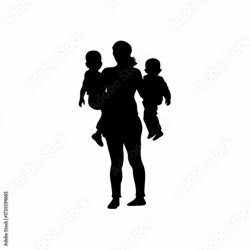 Silhouette of a caregiver singing lullabies with toddlers isolated on white background