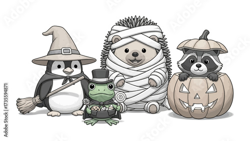 Halloween Critter Parade: An adorable gathering of charming creatures, each adorned in whimsical Halloween costumes, creating a delightful scene of festive fun and spooky delight.