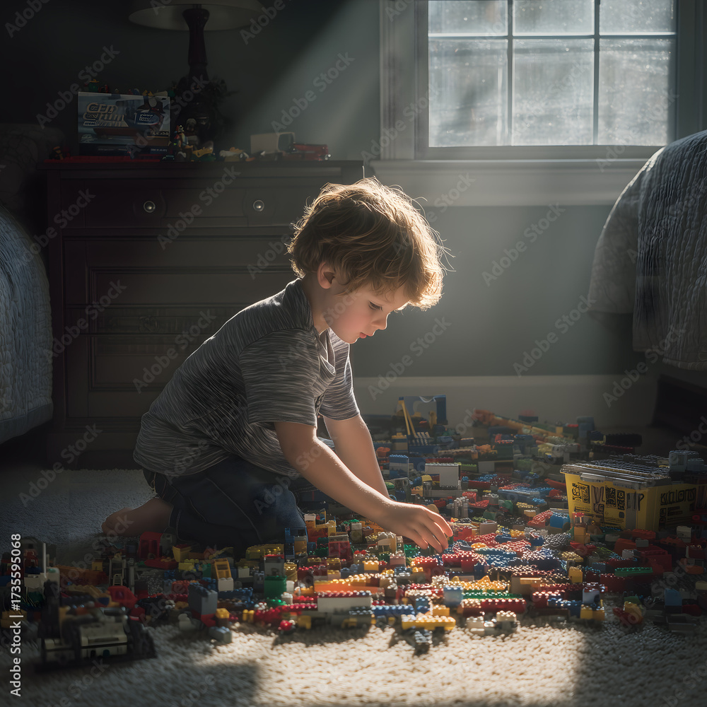 Fototapeta premium Young boy playing with colorful LEGO blocks in bedroom with natural window light