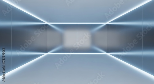 Symmetrical illumination inside a futuristic room with reflective walls and a sense of spatial depth creating an