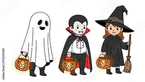 Halloween Costumes: Capturing the essence of Halloween, three individuals donned in classic costumes — a spectral ghost, a charismatic vampire, and a mystical witch.