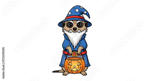 Meerkat Wizard with a Pumpkin: A charming cartoon meerkat dons a whimsical wizard costume complete with a pointy hat and a pumpkin lantern, spreading a touch of Halloween magic.