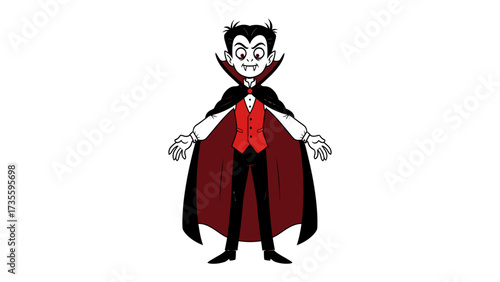 Vampire Cartoon: A cartoonish depiction of a classic vampire character, in a vibrant red and black ensemble, ready for Halloween or gothic-themed artwork.
