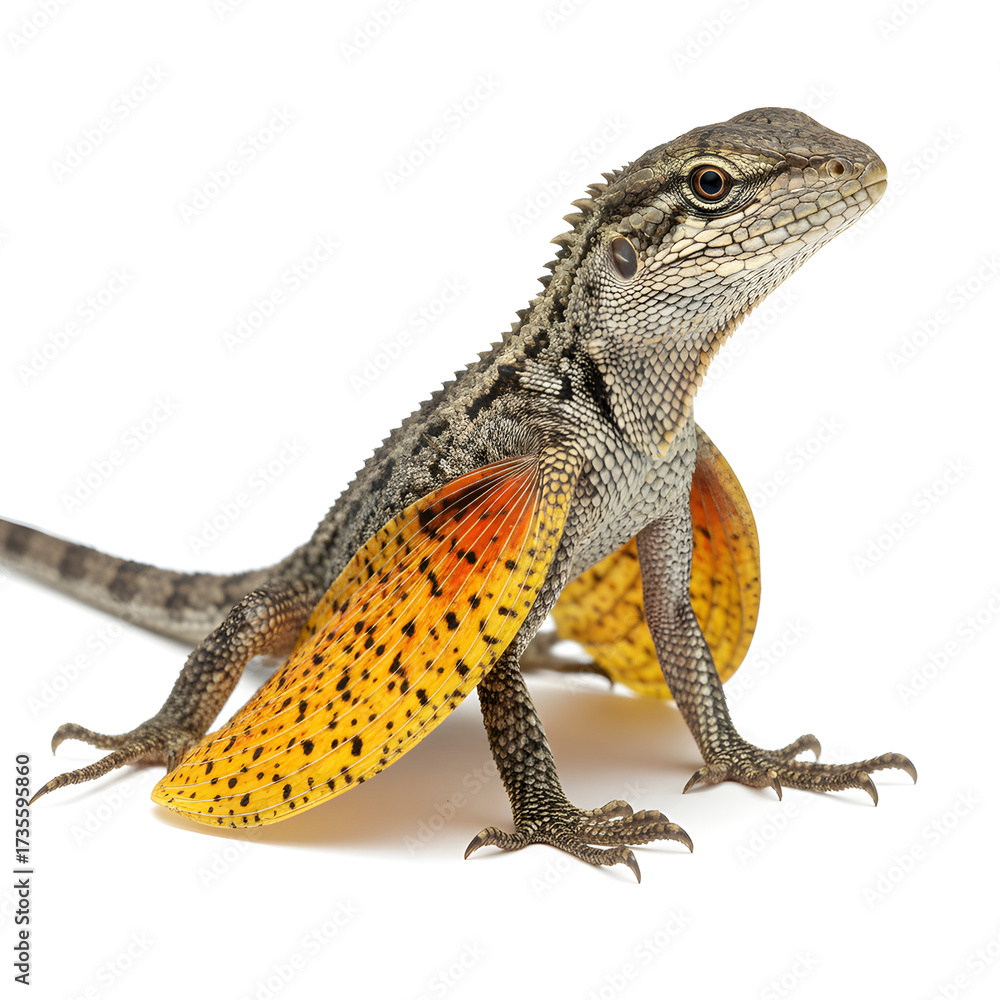 Obraz premium Isolated Full Body Draco Lizard (Flying Dragon) with Detailed Patagia Wing Texture