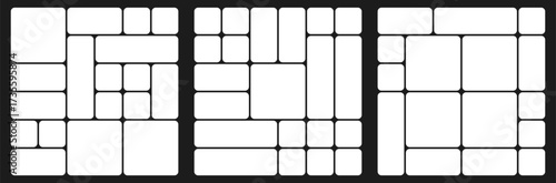 Bento grid abstract layouts with geometric tiles and rounded corners. Modern modular UI design panels, trendy web interface templates, collage frames and infographics. Vector illustration.