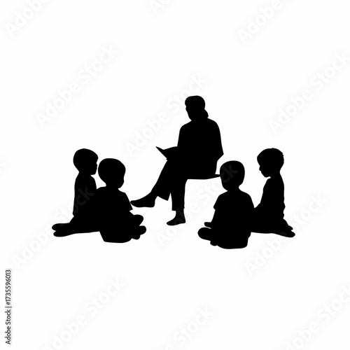 Silhouette of a caregiver reading to children in a circle isolated on white background