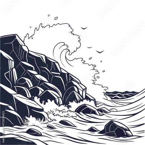 Vector art of a striking black and white illustration of a powerful ocean wave crashing against a rocky coastline, seabirds soar above the turbulent water
