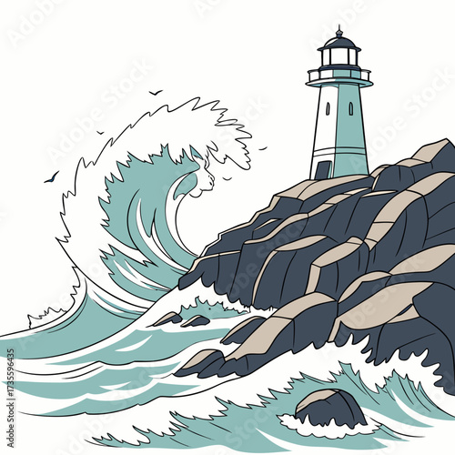 Vector art of a captivating illustration showcases a towering lighthouse perched atop rugged rocks, bravely facing the relentless waves of the sea, birds fly above the lighthouse