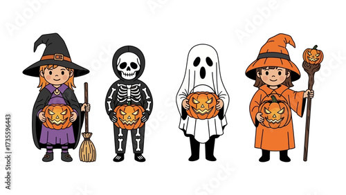 Spooky Ensemble: A group of young individuals, each donning a unique Halloween costume and holding a carved jack-o'-lantern, prepares for the spooky night. 