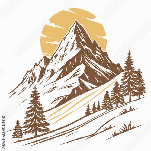 Vector art of a majestic mountain range with a sun backdrop, depicted in a vintage vector style, showcasing the beauty and grandeur of natures peaks and valleys