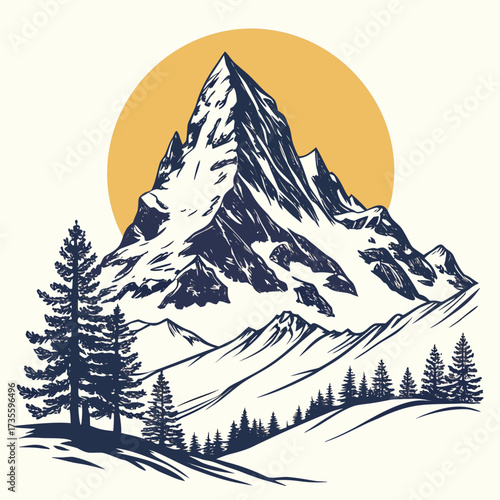 Vector art of a stunning mountain landscape with a sun backdrop, rendered in a detailed vector style, capturing the serene beauty and majestic scale of the natural world