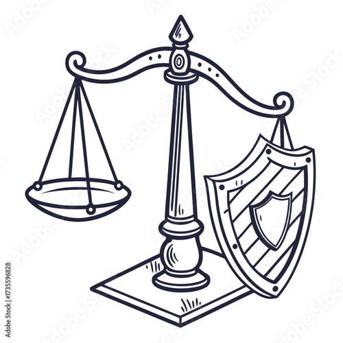 Vector art of scales of justice with shield symbol of law, fairness, and protection, representing balance, equality, and legal defense in the judicial system