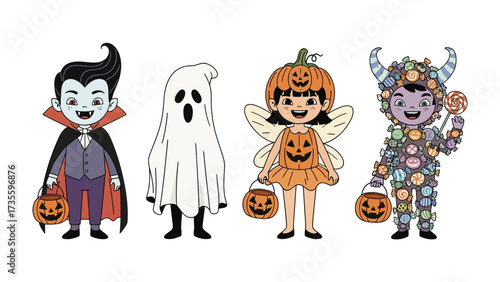Halloween Delight: A captivating illustration showcases diverse characters in festive Halloween costumes, radiating joy and spooky fun, capturing the essence of the holiday.