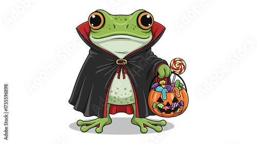 Spooky Frog's Halloween Treat: A whimsical illustration features a friendly frog in a vampire cape, clutching a candy-filled jack-o'-lantern basket, celebrating Halloween. 