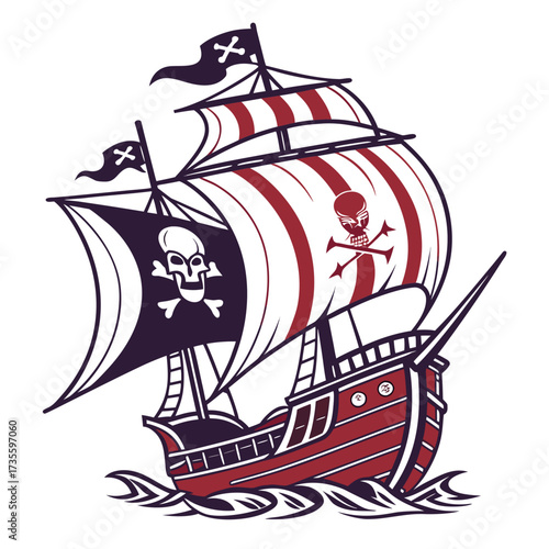 Vector art of a striking pirate ship illustration with skull and crossbones on the sails, red and white stripes, and a menacing presence, ideal for piratethemed designs