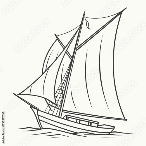 Vector art of line art illustration of a classic sailboat gliding through the water, a simple yet elegant depiction of maritime travel and nautical adventure