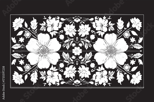 Elegant laser cut black and white floral frame design featuring beautifully arranged flowers and leaves.