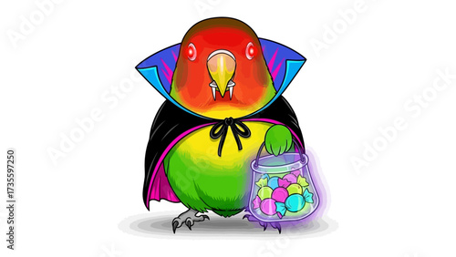 Spooky Parrot Mascot: A vibrant parrot, adorned in a classic vampire cape and carrying a treat-filled bag, spreads seasonal cheer with this charming design. 