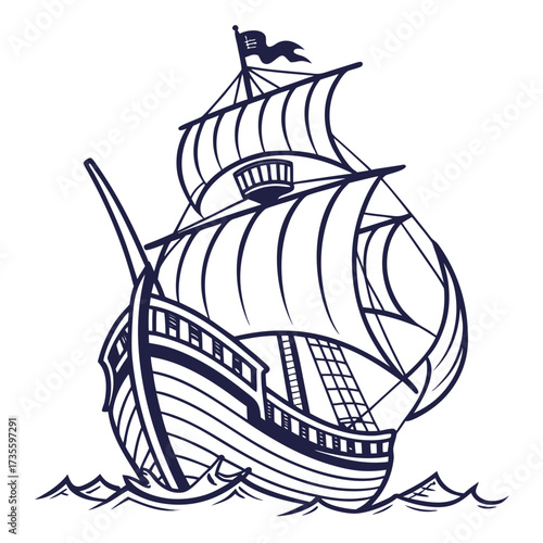 Fotografie Illustration of a majestic galleon sailing on the high seas, the ships sails are