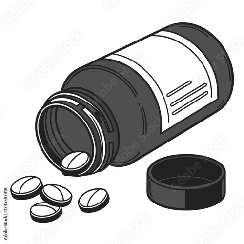 Vector art of pills spilling from a dark bottle with the lid off an illustration of medication, health, and wellness, suitable for design projects