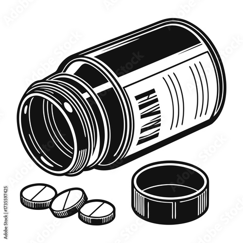 Vector art of pills spilling from a dark bottle with the lid off a detailed illustration of medication, health, and wellness, suitable for design projects
