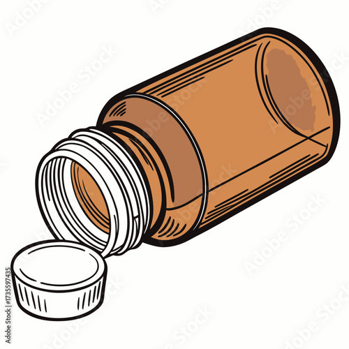Vector art of an amber prescription bottle with the cap off and lying next to it, a simple illustration of medicine, healthcare, and pharmaceutical packaging