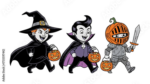 Halloween Trio: An illustrated gathering of three children dressed in captivating Halloween costumes, ready for a night of trick-or-treating. Witnessing the playful energy and festive spirit.