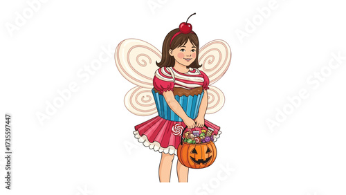 Fairy cupcake costume: A young girl, adorned in a whimsical fairy cupcake costume, delicately balances a pumpkin basket brimming with treats and confectionery.