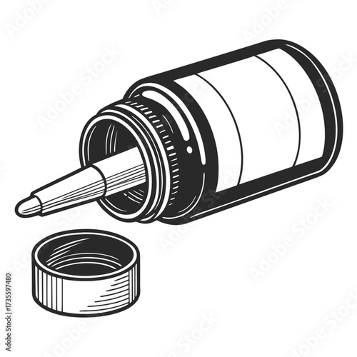 Illustration of a medicine bottle with liquid spilling out, the bottle is lying on its side with the cap next to it, creating a simple design