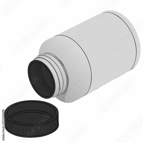 Illustration of a bottle lying on its side with the lid off, the bottle is white and the lid is black, creating a simple contrast