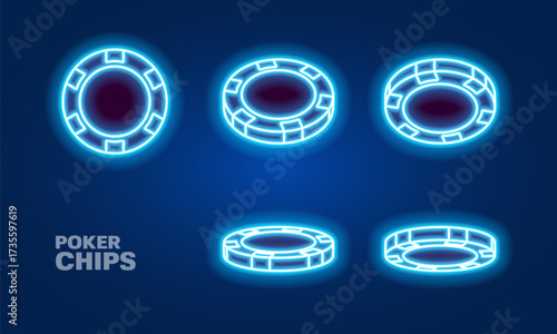 Neon poker chips in different position. Blue glowing chips for casino and poker. Vector illustration.