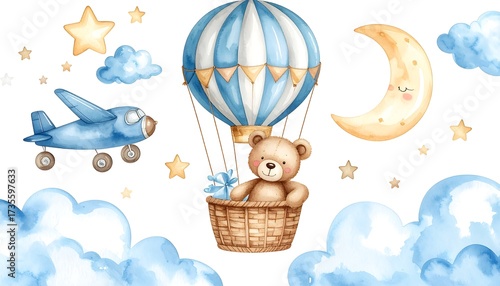 Adorable Teddy Bear's Night Flight in Hot Air Balloon