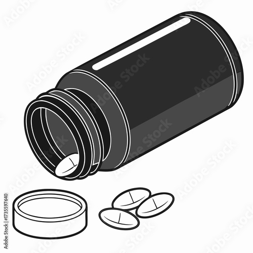 Illustration of a bottle of pills spilling onto a surface the bottle is on its side, with several pills scattered around it