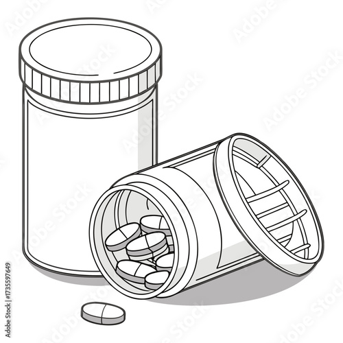 Illustration of a prescription medicine bottle with pills spilling out, concept for healthcare, medication, and treatment of illness
