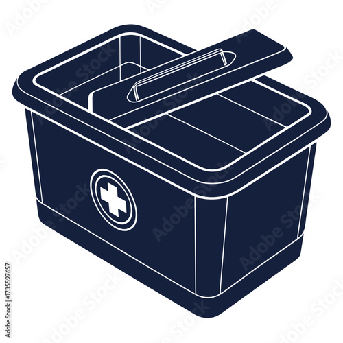 Illustration of a blue first aid kit box with a white cross ideal for illustrating medical assistance, emergency preparedness, or healthcare services in a clear style
