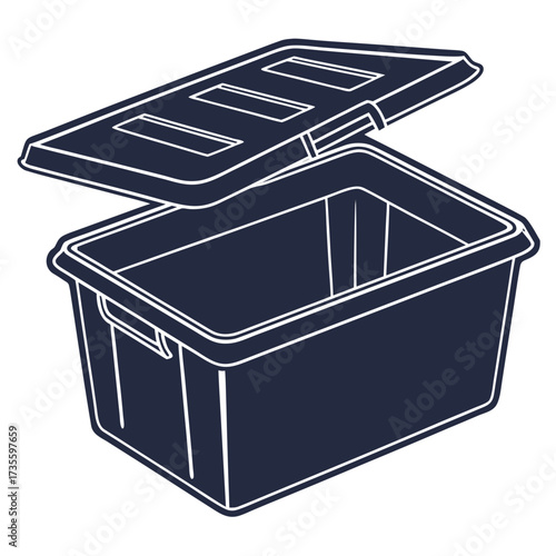 Illustration of a blue plastic storage box with an open lid perfect for illustrating storage solutions, organization, or household items in a clean and simple style