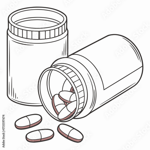 Illustration of a prescription medicine bottle with pills spilling out, concept for healthcare, medication, and treatment of illness