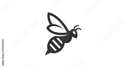 A stylized black and white illustration of a bee in flight, showcasing its wings and striped abdomen.