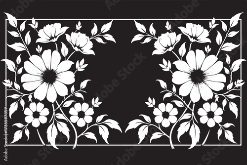 Elegant laser cut black and white floral frame design featuring beautifully arranged flowers and leaves.