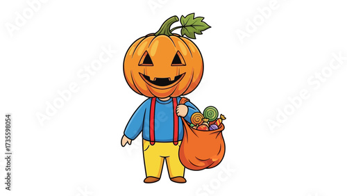 Halloween Pumpkin-Head Delight: A cheerful and whimsical character embodies the spirit of Halloween. He is a pumpkin head with a delightful grin holding a bag of treats.