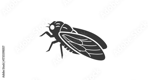 A stylized black and white illustration of a cicada insect on a plain white background.