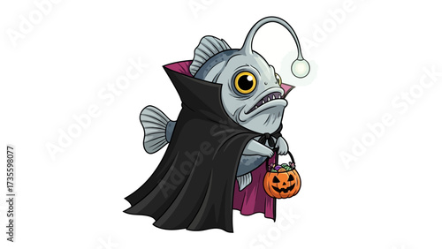 Anglerfish in Halloween costume: An anglerfish, dressed in a vampire costume, is holding a pumpkin trick-or-treat bag. This image captures a spooky Halloween atmosphere.