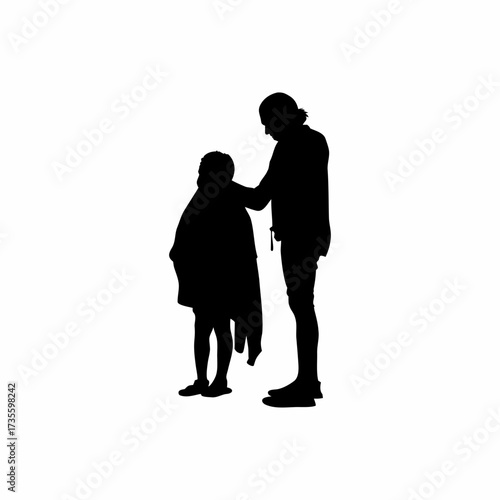 Silhouette of a caregiver comforting a sick child with a blanket isolated on white background