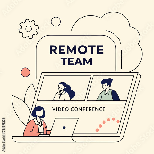 Illustration of a remote team video conference on a laptop, depicting collaboration, communication, and teamwork in a virtual setting the design emphasizes the importance of technology in modern work