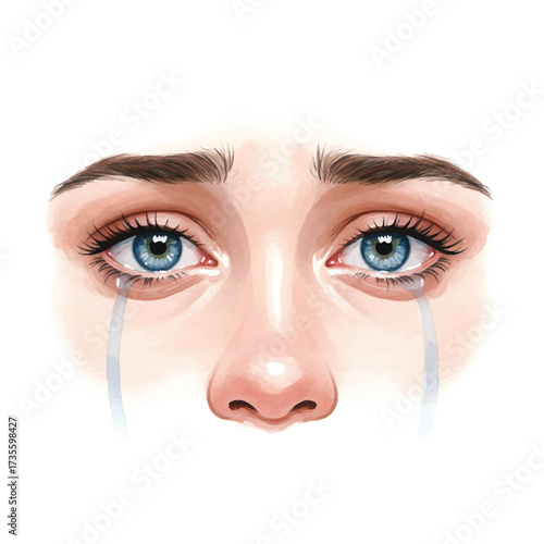 Realistic watercolor illustration of crying blue eyes with tears and emotional sad expression